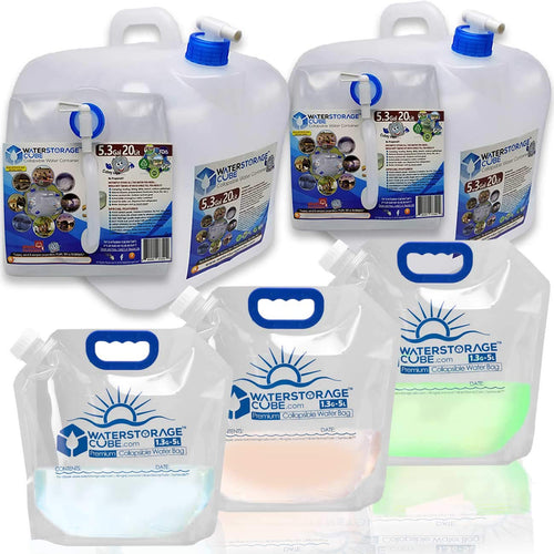 WaterStorageCube - Collapsible Water Container Bundle (2) 5.3-Gal Cubes + (3) 1.3-Gal Bags