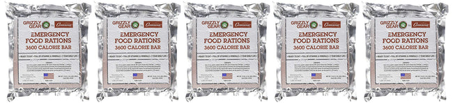 Grizzly Gear Emergency Food Rations 5 Pack - 3600 Calorie Bar - 15 Day Supply