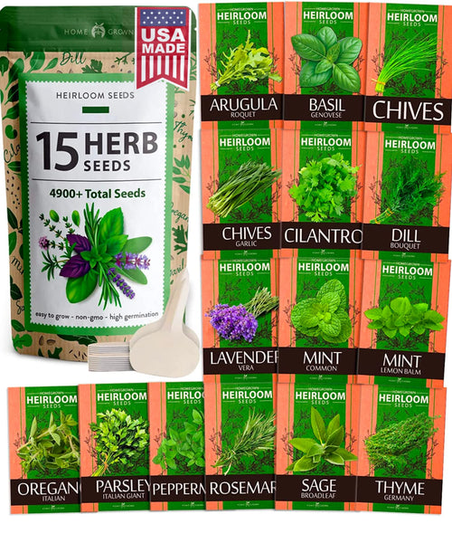 Home Grown 15 Culinary Herb Seeds Vault - Heirloom & Non-GMO Seeds - 4900+ Seeds for Planting Indoor or Outdoor Herb Garden