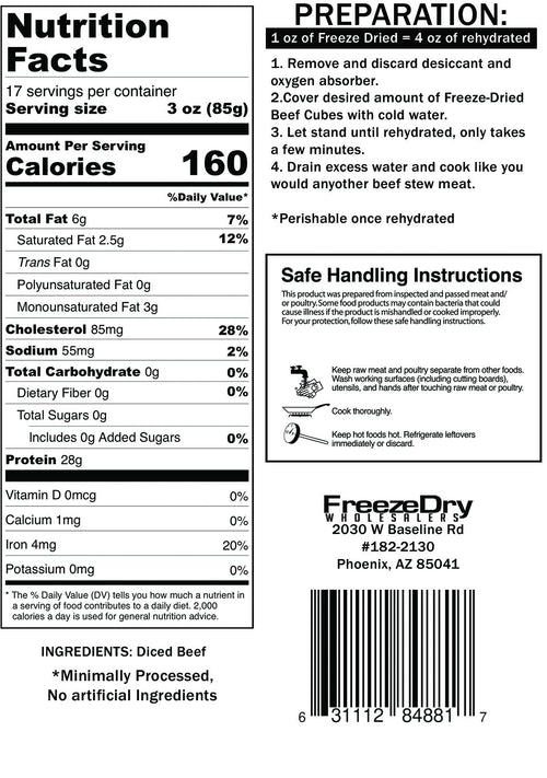 Freeze Dry Wholesalers Freeze-Dried Beef Cubes - Uncooked - Camping Emergency Food - Family Sized