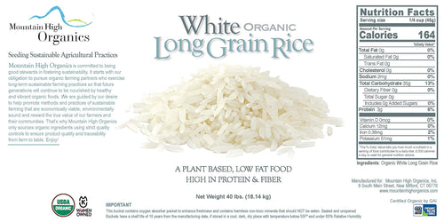 Mountain High Organics - Certified Organic White Long Grain Rice 6-Gallon/40lb Bucket