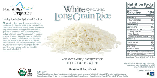 Mountain High Organics - Certified Organic White Long Grain Rice 6-Gallon/40lb Bucket