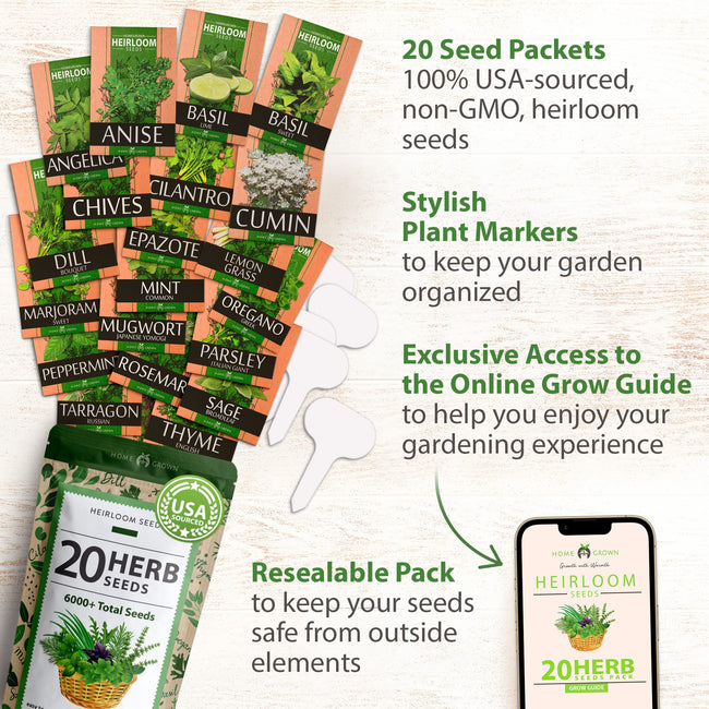 Home Grown Brand Heirloom Herb Seeds 20 Variety Pack
