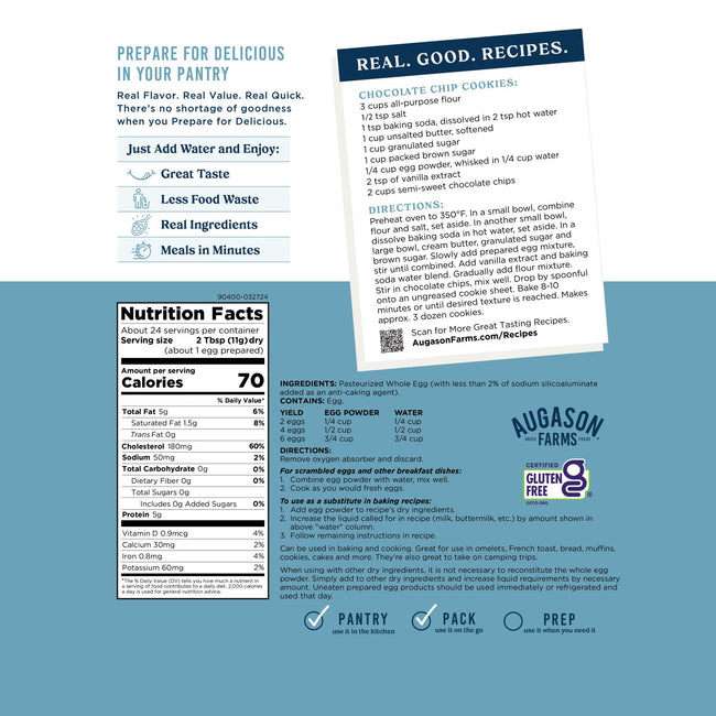 Pasteurized Dried Whole Egg Powder Pouch, 24 Servings