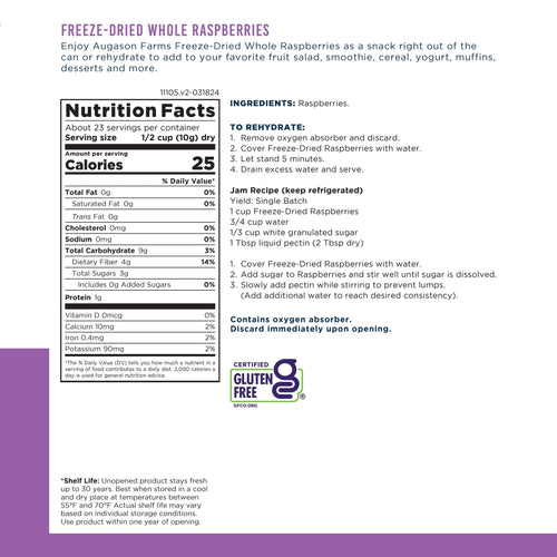 Freeze Dried Whole Raspberries Can, 23 Servings