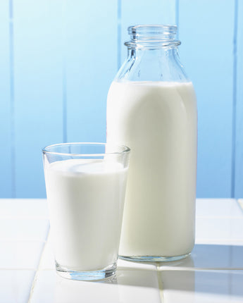 Traditional milk bottle with a glass full