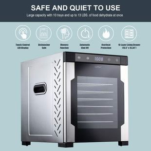 NutriChef Electric Countertop Food Dehydrator Machine - 900-Watt Premium Multi-Tier Dryer w/ 10 Stainless Steel Trays