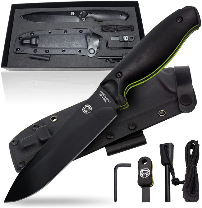 "The Fireline" Bushcraft Survival Knife with 1095 High Carbon Blade Giftset (Black and Green)