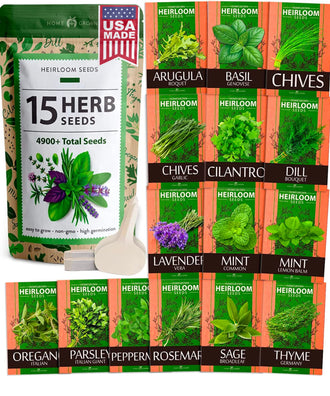 Home Grown 15 Culinary Herb Seeds Vault - Heirloom & Non-GMO Seeds - 4900+ Seeds for Planting Indoor or Outdoor Herb Garden