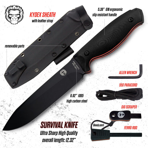 "The Fireline" Bushcraft Survival Knife with 1095 High Carbon Blade Giftset (Black and Orange)