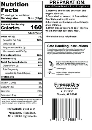 Freeze Dry Wholesalers Freeze-Dried Beef Cubes - Uncooked - Camping Emergency Food - Family Sized