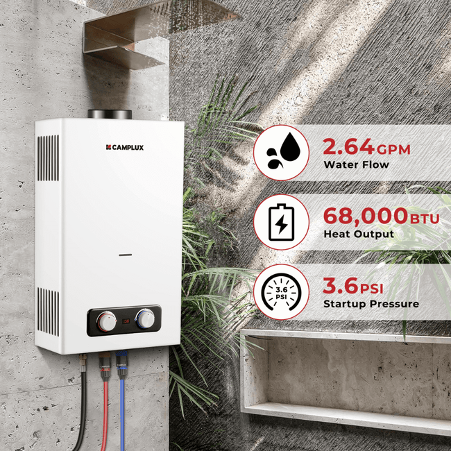 Tankless Water Heater, Camplux 2.64 GPM Outdoor Propane Water Heater, Gas Water Heater with 3.3 GPM Water Pump & Pipe Strainer for Camping, Cabins