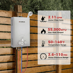 Portable Propane Tankless Water Heater, Camplux 2.11 GPM On Demand Camping Gas Water Heater, Gray