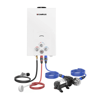 Propane Portable Tankless Water Heater Outdoor, Camplux 2.64 GPM Instant Hot Camping Showers with 3.3 GPM Water Pump & Pipe Strainer