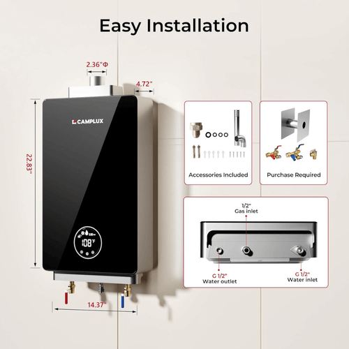 3.18 GPM Indoor Tankless Water Heater Propane with Wall Thimble, Black