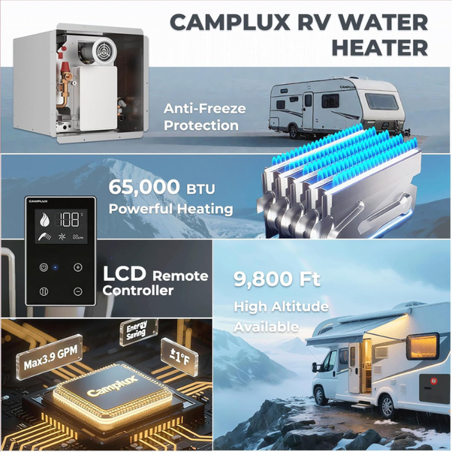 Camplux Elite 65,000 BTU RV Tankless Water Heater 2.64 GPM-Black