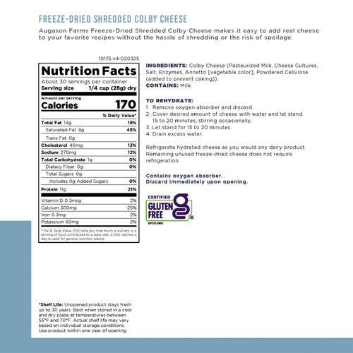 Freeze Dried Shredded Colby Cheese Can, 30 Servings